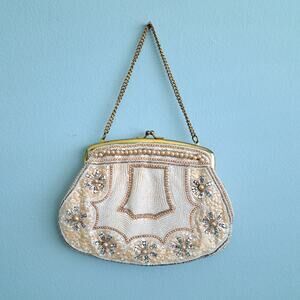 Vintage Beaded Cream Pearl Evening Bag Clutch Wedding Bridal Handbag Retro